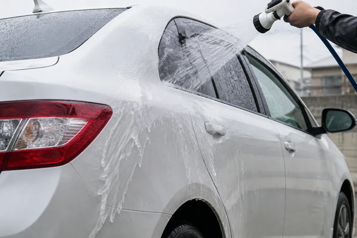 車体へ水を流して洗うイメージ